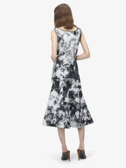 Abito midi floreale in jacquard da Donna in Avorio/Nero