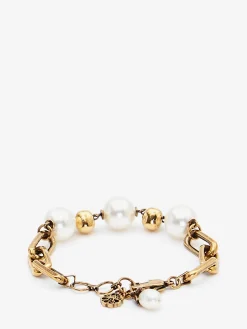 Bracciale con Catena Skull e Perle da Donna in Finitura oro anticato
