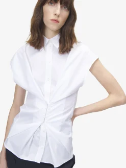 Camicia a maniche corte arricciata da Donna in Bianco Ottico