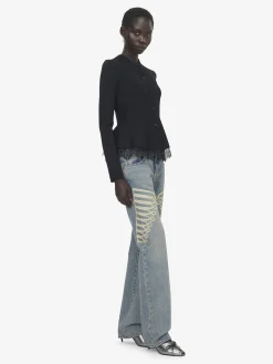 Cardigan con volant e inserti in pizzo da Donna in Nero