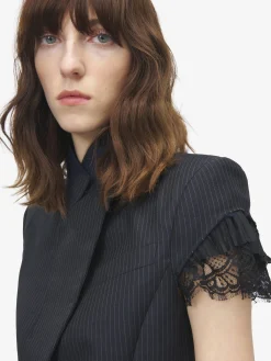 Giacca a maniche corte gessata da Donna in Blu Navy