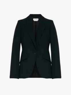 Giacca in Crêpe Sottile con Spalle a Punta da Donna in Nero
