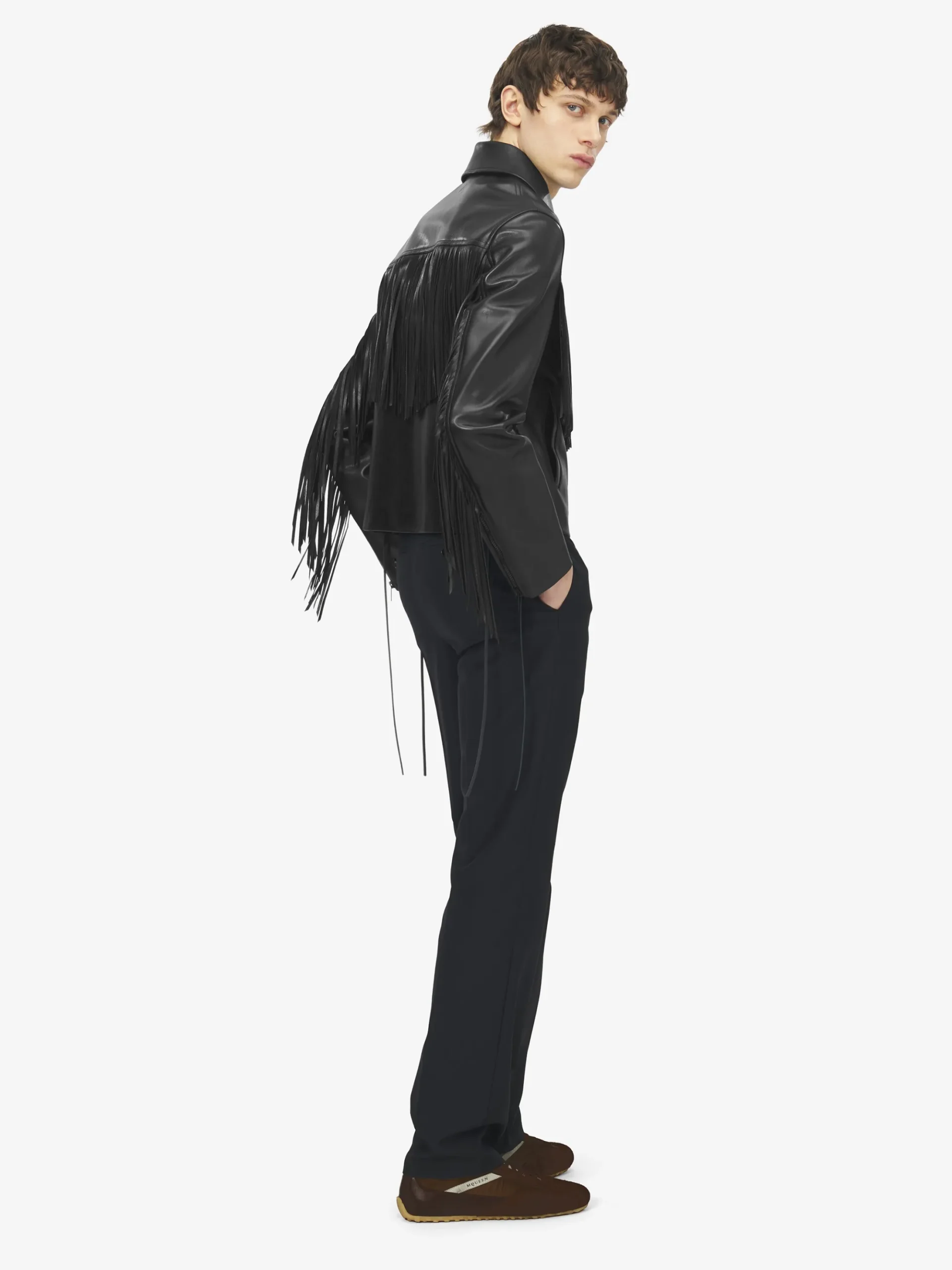Giacca in pelle con frange da Uomo in Nero
