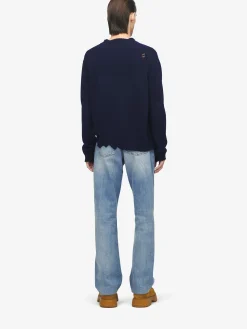 Maglione Skull effetto consumato da Uomo in Blu Navy