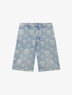 Shorts in denim con motivo jacquard Skull da Uomo in Washed Blue